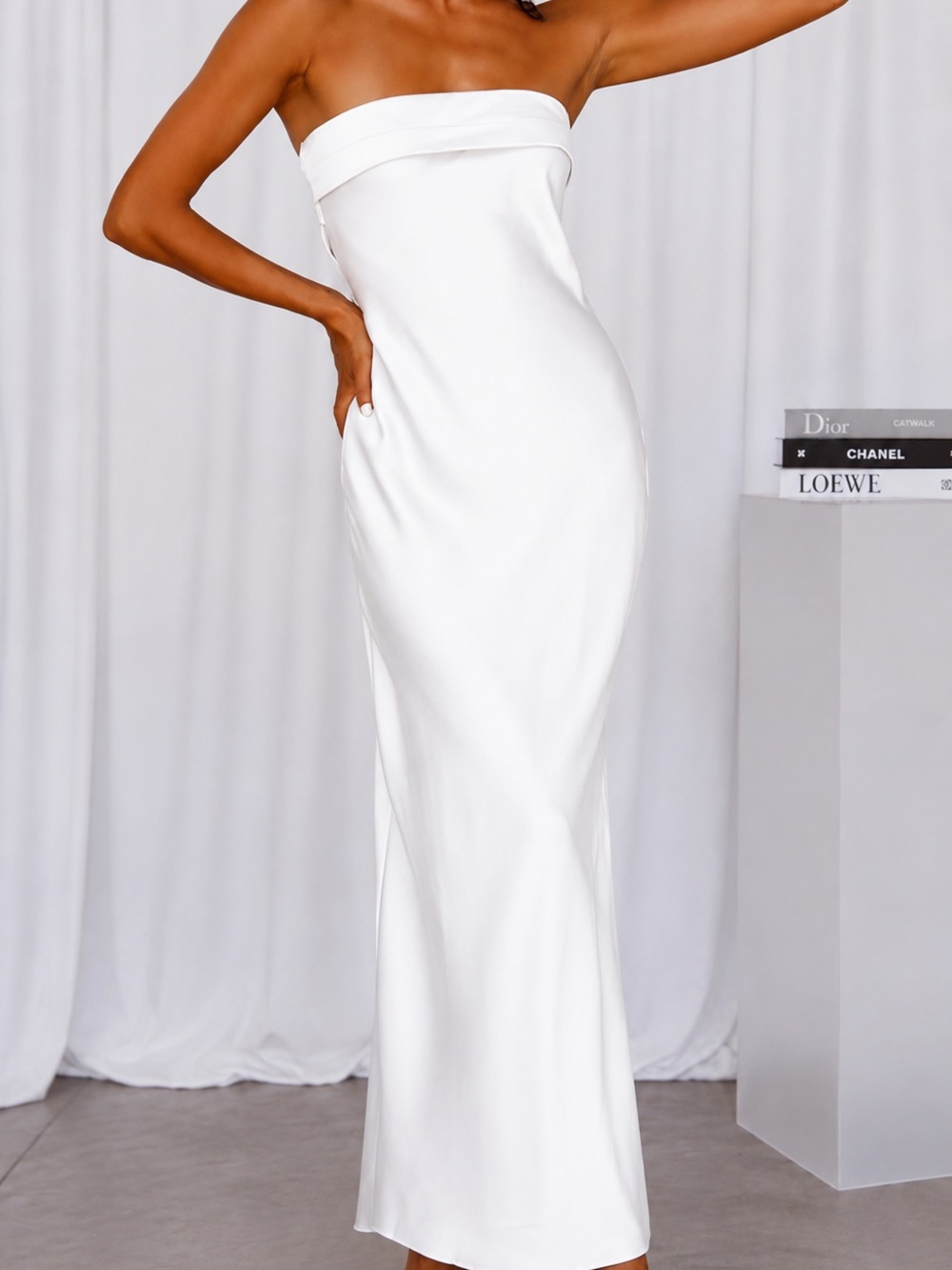 Minimalist Strapless White Column Dress